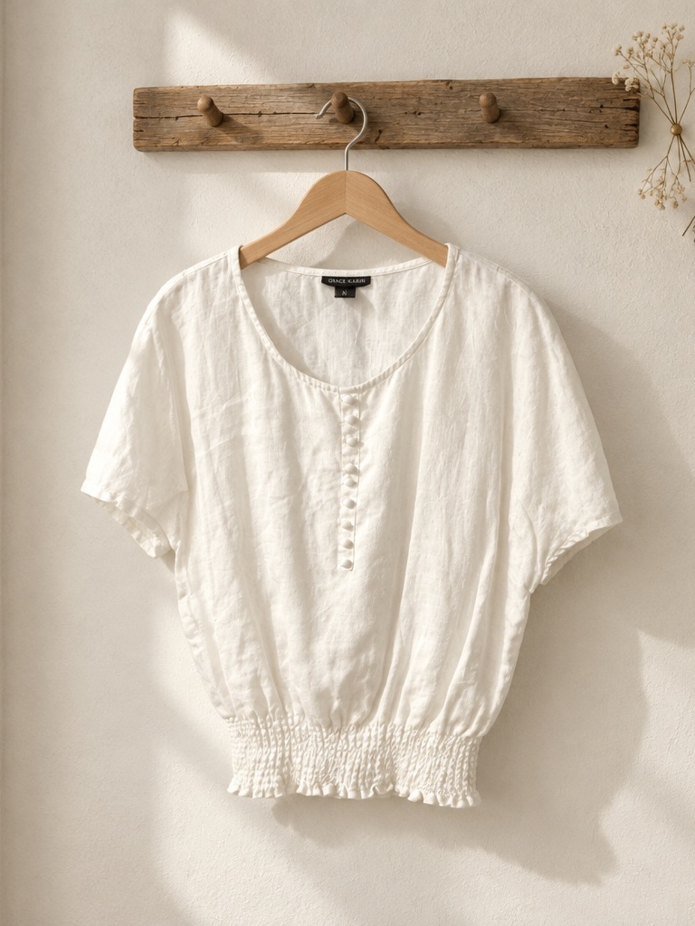 Chelsea & Theodore Cream Short-Sleeve Button Henley with Smocked Waist